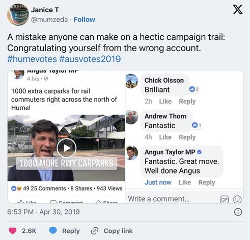 Angus Taylor on X telling himself what a great job he’s done. Obviously forgetting to sign out of his own account to make a fake response.

He’s a moron. A criminal moron.