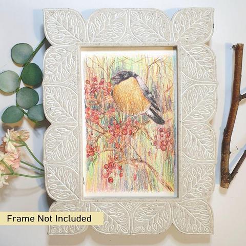 A small drawing of a bullfinch bird with rowan berries, the drawing is in colour pencil in a painterly style.
An original art work, please note that the frame is not included.
Colour pencil on white acid free artist watercolour paper (postcard size).
Approximately 4 by 6 inches (10.16 x 15.24 cm) will fit into a standard 4 by 6 inch photo frame.