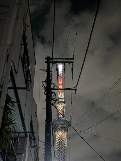 Photo: At night, a powerline pole next to an apartment building in an alley, with cables spreading in various directions. In the far back, framed between thr powerline pole and its cables, the Tokyo Skytree, lit up in orange tones.