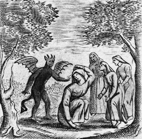 A stock image of the Devil - horns, hooves, wings and pointy tale - greets four women in a woodland setting. One is kneeling with her back to him, reaching over her shoulder as if to take his hand.