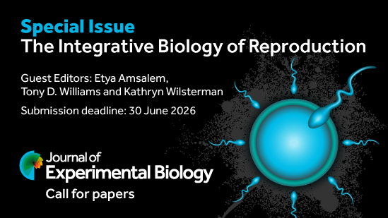 Banner promoting the special issue: The Integrative Biology of Reproduction. Guest Editors: Etya Amsalem, Tony D. Williams and Kathryn Wilsterman. Submission deadline: 30 June 2026. Journal of Experimental Biology logo. Drawn icon of egg and sperm cells.