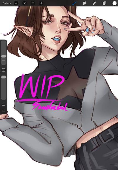 WIP close up commission sketch color version of space elf OC girl character, she has short hair wearing modern outfit with star sign, art by snowfredel
owner: RENNmae #vgencomm #artcommissions #vgen #commission #nomyfeed #elf #elfenjoyers #dnd
