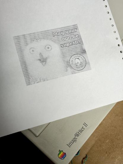 A sheet of tractor feed paper lying on an ImageWiter II printer
It has a black and white dithered photo of an owl and the text “May your owl be superb!”