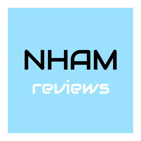 NHAM reviews logo, in black and white text on a light blue background.