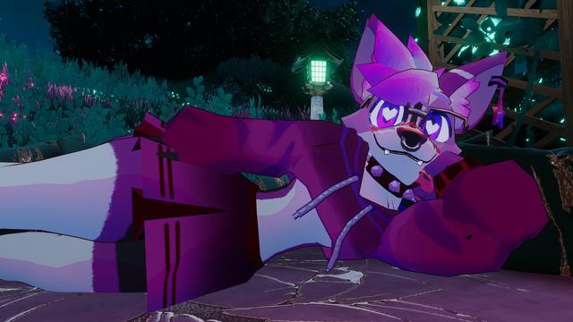 A stylized cartoon fox character with purple fur lounges on a stone surface. The character wears a purple hoodie, glasses, and a collar with spikes. The background features glowing plants and a lantern. The setting is nighttime, creating an enchanting atmosphere.