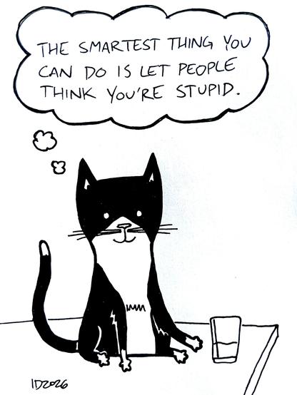 a tuxedo cat slowly pushes a cup of water towards the edge of a table and thinks "the smartest thing you can do is let people think you're stupid."