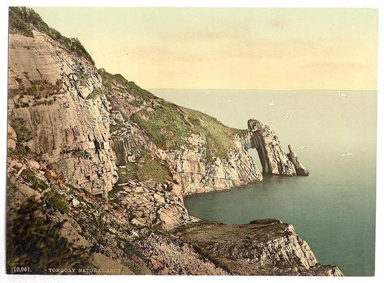 The image depicts a scenic view of coastal cliffs and natural rock formations, specifically highlighting the famous Gifford's Leap or Tor Rock arch in Torquay, England. This geological feature is characterized by its distinctive overhanging rocks creating an arch-like structure above the sea.

The photograph appears to be an old postcard with faded colors typical of early 20th-century photochrom prints. It shows a serene landscape where the cliffs are adorned with patches of vegetation and birds can be seen flying in the sky, adding life to the scene. The ocean is depicted as calm with shades of blue-green water.

The image has an aged look due to its vintage nature, suggesting that it could have been taken between approximately 1890 and 1900 based on the style and condition of the photograph. This particular view showcases Torquay's natural beauty, emphasizing both geological formations and coastal scenery in England during a time when such landscapes were often captured for leisure or tourism purposes.

Additional information about this image can be found at Natural Arch, Torquay, England between ca. 1890 and ca. 1900. Views of the British Isles England Torquay [https://images.loener.nl/PhotochromPrints/full/65e4/](https://images.loener.nl/PhotochromPrints/full/65e4/)