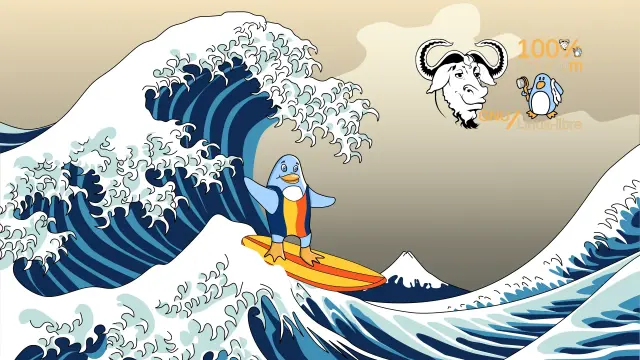 The GNU Linux-libre mascot surfing.