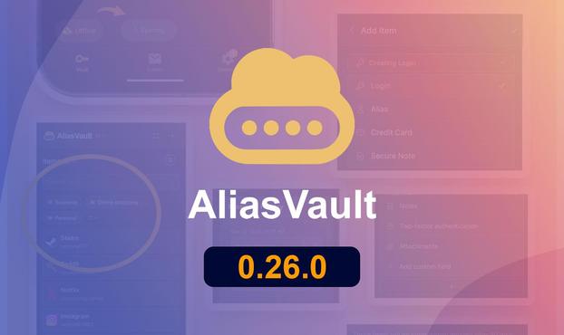 Yellow cloud password icon above "AliasVault" text and version badge "0.26.0" on a purple-pink gradient background with faint app interface panels.