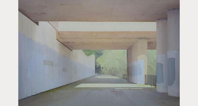 Image: John O’Reilly, Off Dunsink Lane, 2026, Oil on canvas, 40 x 60cm, Photography John O’Reilly, Image courtesy of the artist.| • at a guess, the location portrayed is a pedestrian –&nbsp;possibly, though it is wide –&nbsp;underpass under both directions of the M50; concrete columns to the right, with painted areas on the first two metres or so, possibly covering graffiti; plain wall on the left, two overpasses above, with a space between them that lets in sunlight; railings between and after the columns on the right, wich suggest that there is a river beyond to the righ; ahead, we see trees in sunlight; looks idyllic “The exhibition explores the M50 as a threshold between urban and rural, a landscape of tension, texture, and quiet beauty found within the banal edges of the city.  In this compelling body of new work, Walkways of the M50, O’Reilly turns his attention to the routes incorporated into the M50’s design to enable pedestrian access over or under its constant torrent of roaring…”
