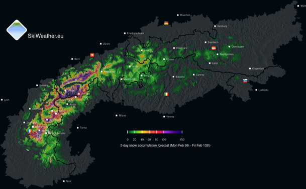 Total expected snowfall in the Alps over the next 5 days.