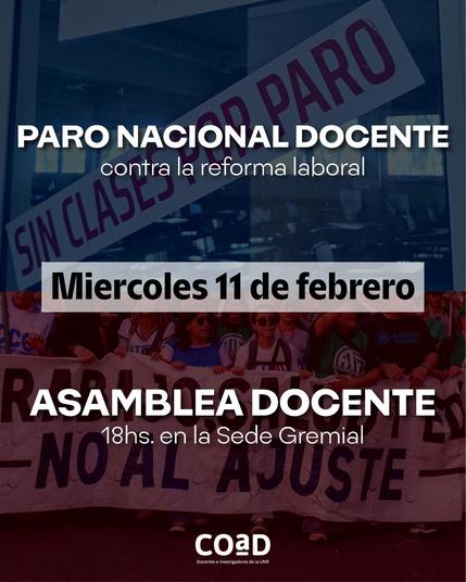 Imagen de fondo con docentes sosteniendo una pancarta con la consigna "no al ajuste"

Convocatoria al paro nacional docente contra la reforma laboral

Miércoles 11 de febrero

Asamblea docente - 18 hs. en la sede gremial - COAD