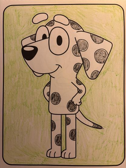 Crayon colouring of Chloe (black and white spotted dog from Bluey) on a light green background