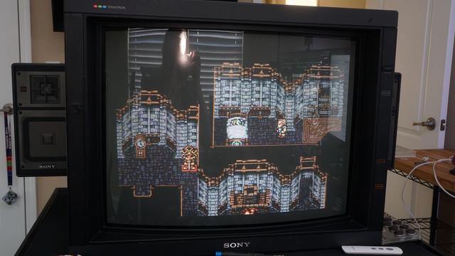 A poor photograph of Terra in bed after being rescued in Narshe on a Sony PVM-2530 CRT running Final Fantasy 6.