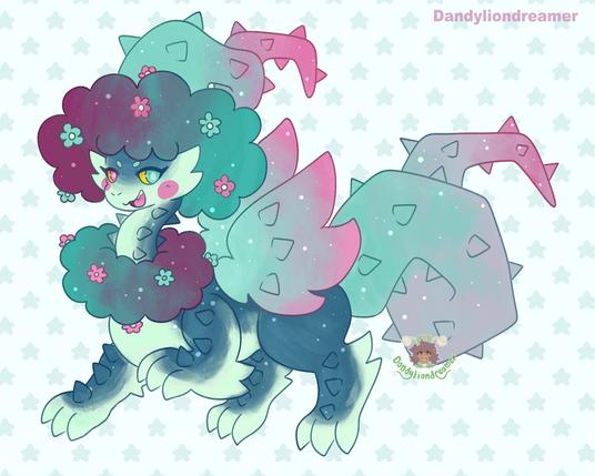 A cactus themed with dragon colored pink magenta blue and teal shes very pointy