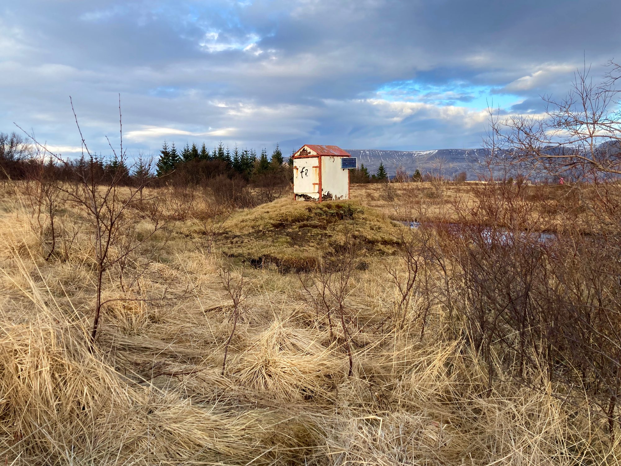 A tiny house with a small solar panel standing on a little hill.