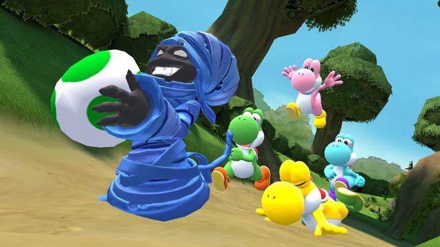 The blue egg thief has stolen a Yoshi egg, and four Yoshis (green, yellow, pink, and light-blue) are chasing after it.