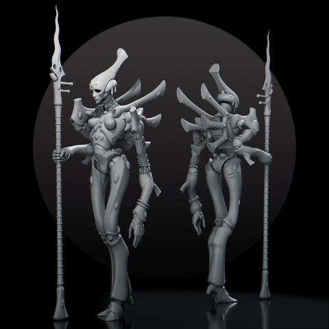 The image shows a grey render of a miniature designed for the Eldar/Aeldari faction in warhammer 40k.

It's a tall, feminine looking robot. It's elongate head has a humanoid face with empty skeleton eyes. Long vanes protrude from her back and she weilds a long spear with a wavey Kris-styled blade.