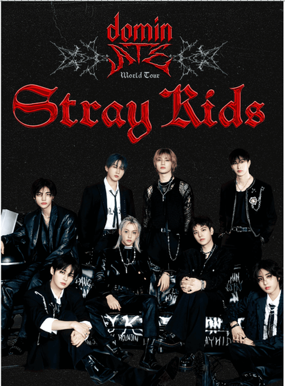 Poster for Stray Kids Dominate World Tour with all 8 group members.