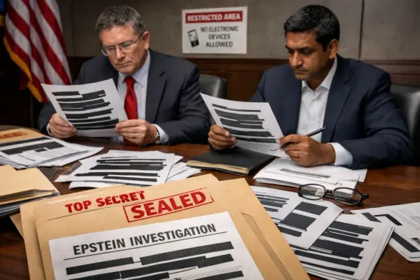Epstein files redactions shown in sealed congressional documents as lawmakers review heavily redacted records related to the Epstein investigation in a restricted government setting