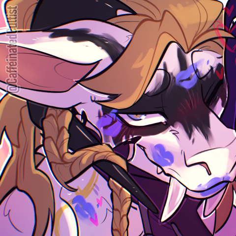 Digital art of a anthro goat horse hybrid character being made to look at the viewer by a gentle hand caressing his bottom jaw. His eyes staring directly at the viewer, feeling proud to show off his new markings. Absolutely covered in blue lipstick, and loving every bit of it.
Artwork by, CaffeinatedCultist