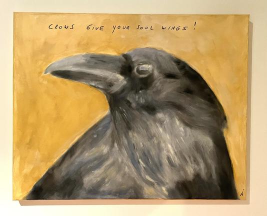 Corvus corax / raven or a big crow painted on canvas. The bird is turning its head to the side and slightly looking up. Background is yellow.