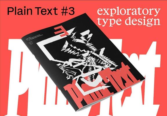 Simulation en perspective d'une revue de typographie expérimentale avec des motifs géométriques et des lettrs difficiles à lire, sur un fond rouge où le texte "Plain text #3 - exploratory type design" est marqué.