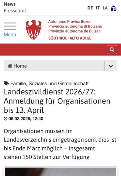 Das Südtiroler Landespresseamt schreibt: "Landeszivildienst 2026/77: Anmeldung für Organisationen bis 13. April"