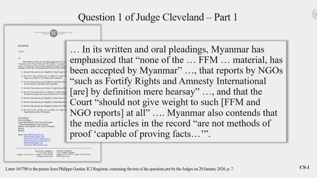 screenshot of Q 1 of Judge Cleveland, asking Myanmar whether it really thinks that the FFM material is 'mere hearsay'