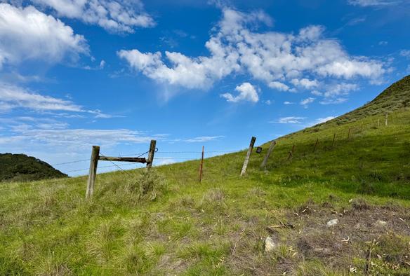 A hill with green grass sweeps upward from left to right. There is a barbed wire fence with both wooden and metal posts running up a ridge of the hill. Behind the green hill is a more distant hill that is dark green since it's under the shadow of a cloud. The sky is mostly blue with some patches of white clouds. Waddell Ranch in the Irish Hills in San Luis Obispo, California