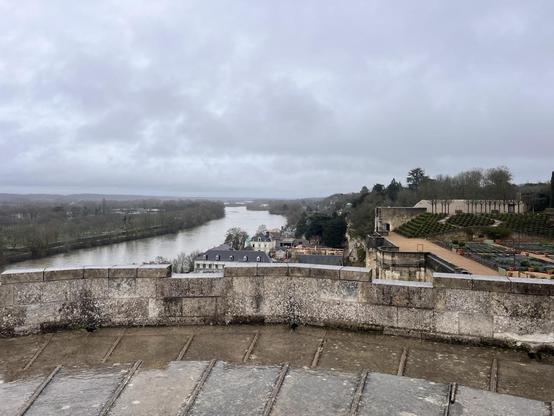 View towards the loire river - castle rampart in front grey skies behind