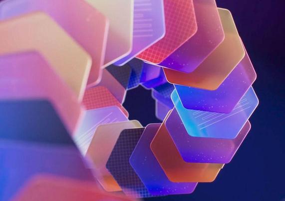 Abstract 3D design featuring colorful, translucent hexagonal shapes arranged in a spiral, against a dark gradient background.