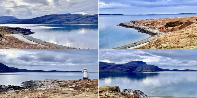 Four photo collage, bright, winters day. Grey/blue skies and sea. Top left and bottom right. Grey strip of beach;  leading to grey/green expanse of loch water; leading to grey/black/green high mountains. Top right and bottom left: brown/green grass and heather; grey stoney ground: leading to grey/blue expanse of loch water; leading to low hills of the Summer Isles.