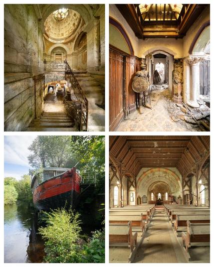 Four urban exploration photos. Top: old crypt with oval skylight, a hotel corridor with suit of armor Bottom: an overgrown boat and a church