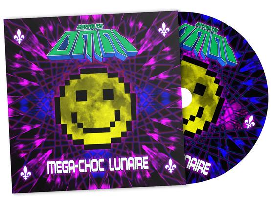 Maquette de mon prochain album « Méga-Choc Lunaire », avec mon logo « Dream of Omni », un visage souriant et un grand titre sur fond violet, bleu et noir psychédélique.