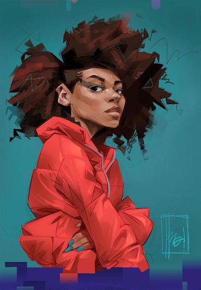 A digital illustration of a person with curly hair wearing a bright red jacket, arms crossed against a turquoise background.