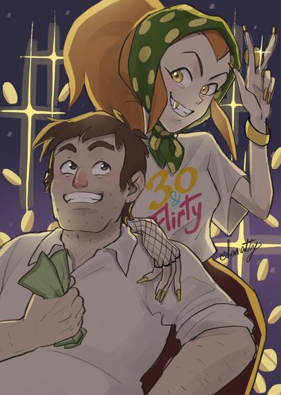 アウルハウスとグラビティフォールズのクロスオーバーファンアート。紙幣を持った若いスタンとコインを持った若いイーダ。