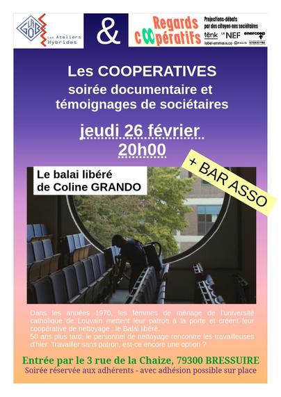 Affiche pour une soirée documentaires et témoignages sur las coopératives. Jeudi 26 février à la Gob.