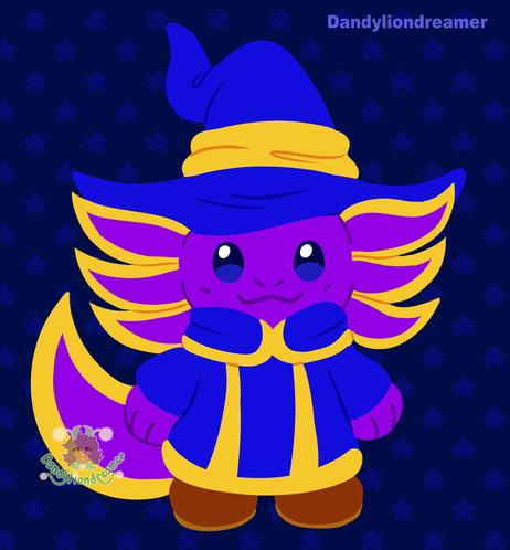 a little axolotl wizard drawn in my lineless style