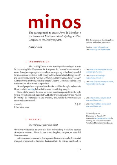 The first page of the documentation for the "minos" LuaLaTeX package. The main title is ‘minos’, shown oversized and in red. The subtitle is ‘The package used to create “Form & Number”, “An Annotated Mathematician’s Apology”, “Nine Chapters on the Semigroup Art”.’