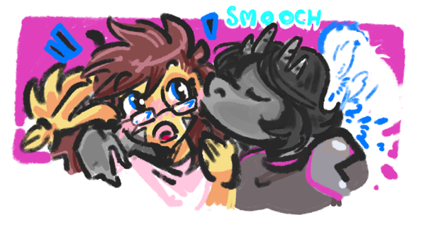 a little digital doodle of two alien girls, one yellow furred with long ears and long brown hair and glasses (soshika) gasping as the other, a grey-skinned horned and winged girl, kisses her cheek.