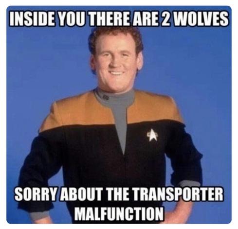 Miles O’Brien from DS9. Hands on hips, wearing unique short sleeved DS9 ops uniform, smiling. 

INSIDE YOU THERE ARE 2 WOLVES

SORRY ABOUT THE TRANSPORTER MALFUNCTION