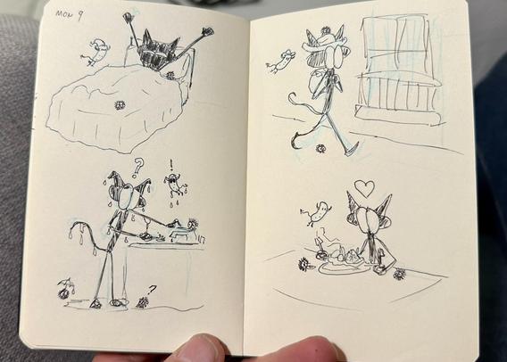 Sketchbook pages with four quick sketches of a little gremlin.

1- The little gremlin is waking up after a good night’s sleep. 

2- The surprised little gremlin is wondering what happened and how he was left soaking wet when all he was trying to do was brush his teeth. 

3- The little gremlin walking down a street while sightseeing. 

4- The delighted little gremlin sitting in front of a huge food plate.