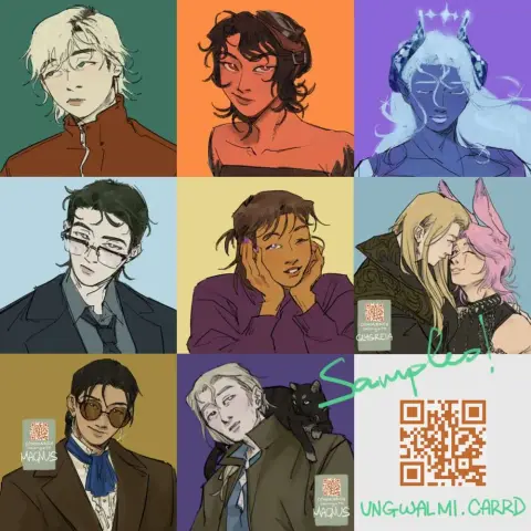 A grid of eight OC icon samples and commissions.