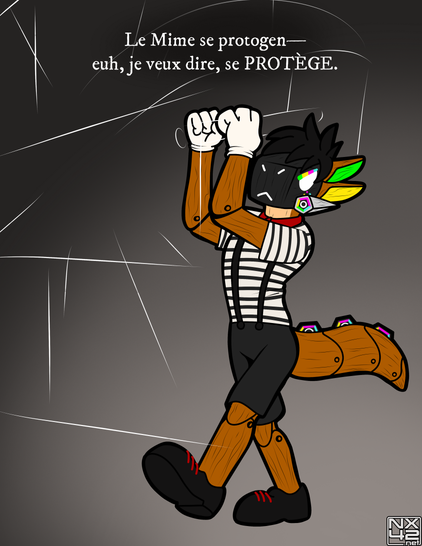 «Le Mime se protogen—euh, je veux dire, se PROTÈGE.» My protogen sona as a wooden mime, building an invisible wall with an invisible hammer. Mon protogen comme mime de bois, en train de construire un mur invisible avec un marteau invisible. 木製のマイム俺のプロトジェンは見えないハマーで見えない壁を作る