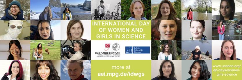 Grid of portrait pictures of female scientists and white text on green reading “International Day of Women and Girls in Science” and “more at aei.mpg.de/idwgs”.