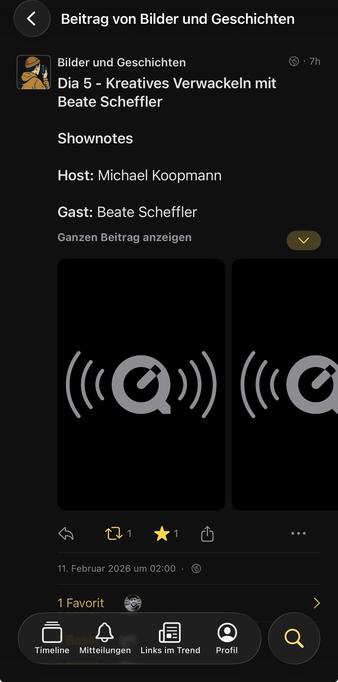 Ein Social-Media-Beitrag mit einer Podcast-Episode mit dem Titel „Dia 5 – Kreatives Verwackeln mit Beate Scheffler”. Zu sehen sind Moderator Michael Koopmann und Gast Beate Scheffler sowie Symbole, die für Audio stehen. Der Beitrag ist auf Februar datiert.