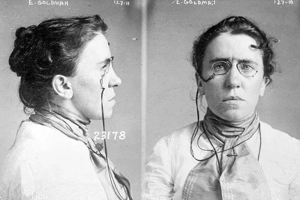 Two police pics (front an side portrait) of Emma Goldman.