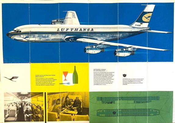 A wide, horizontally oriented brochure interior spread with visible vertical fold lines dividing the page into multiple panels. The top half of the image is dominated by a detailed illustration of a Lufthansa Boeing 707 jet aircraft shown in side profile, flying from left to right against a solid deep blue background. The aircraft has four jet engines mounted under swept wings. The fuselage is white with a dark stripe along the windows & the word “Lufthansa” printed in large black capital letters along the side. The Lufthansa crane logo appears on the tail fin, which is yellow and dark blue. The aircraft registration “D-ABOB” is visible near the tail.
Below the aircraft, the lower half of the spread is divided into colored rectangular sections. On the left a yellow panel containing a block of text describing passenger comfort, with a simple graphic showing a wine bottle, a glass, and cutlery. To the right a white panel with additional text about Lufthansa’s service, awards, & in-flight experience, accompanied by a small black Lufthansa crane logo.
The bottom row contains three visual panels. On the far left is a black-and-white photograph of the aircraft cabin showing rows of seated passengers and a wide aisle. In the center is a yellow-tinted photograph of passengers seated around a small table inside the aircraft, suggesting a lounge or premium seating a area. On the right is a green panel showing simplified technical diagrams of the Plane