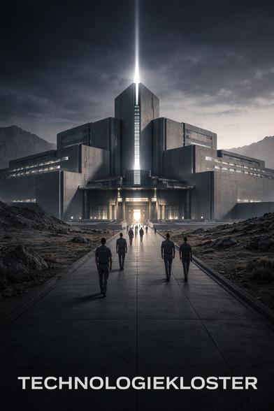 Image Description – “Technology Monastery”

A monumental, strictly symmetrical concrete structure rises from a barren, rocky landscape. The architecture feels monolithic, closed, almost sacred. A vertical beam of light cuts through the center of the building like a technological axis – precise, cold, controlled.

Several identically dressed figures walk along a straight, linear path toward the entrance. Their posture is upright and purposeful, yet devoid of visible individuality. No conversation, no deviation, no lateral movement.

The color palette is reduced: grey, steel, cold blue.
Light exists – but it does not warm.
Order dominates – but life is absent.

The surroundings are empty: no city, no homes, no signs of family or social diversity. Energy appears concentrated, yet isolated. The building resembles a technological sanctuary – a place of focus, but also of detachment from organic life.

Symbolically, the image represents:
	•	High intensity with low variance
	•	Structure without social resonance
	•	Focus without permeability
	•	Energy concentrated vertically, but not distributed horizontally

Within the Ontology of Vibration, this image depicts a system with high S (structure), yet limited Sₘₐₓ (resonance bandwidth). The result: concentrated power – but reduced evolutionary openness.
🖖